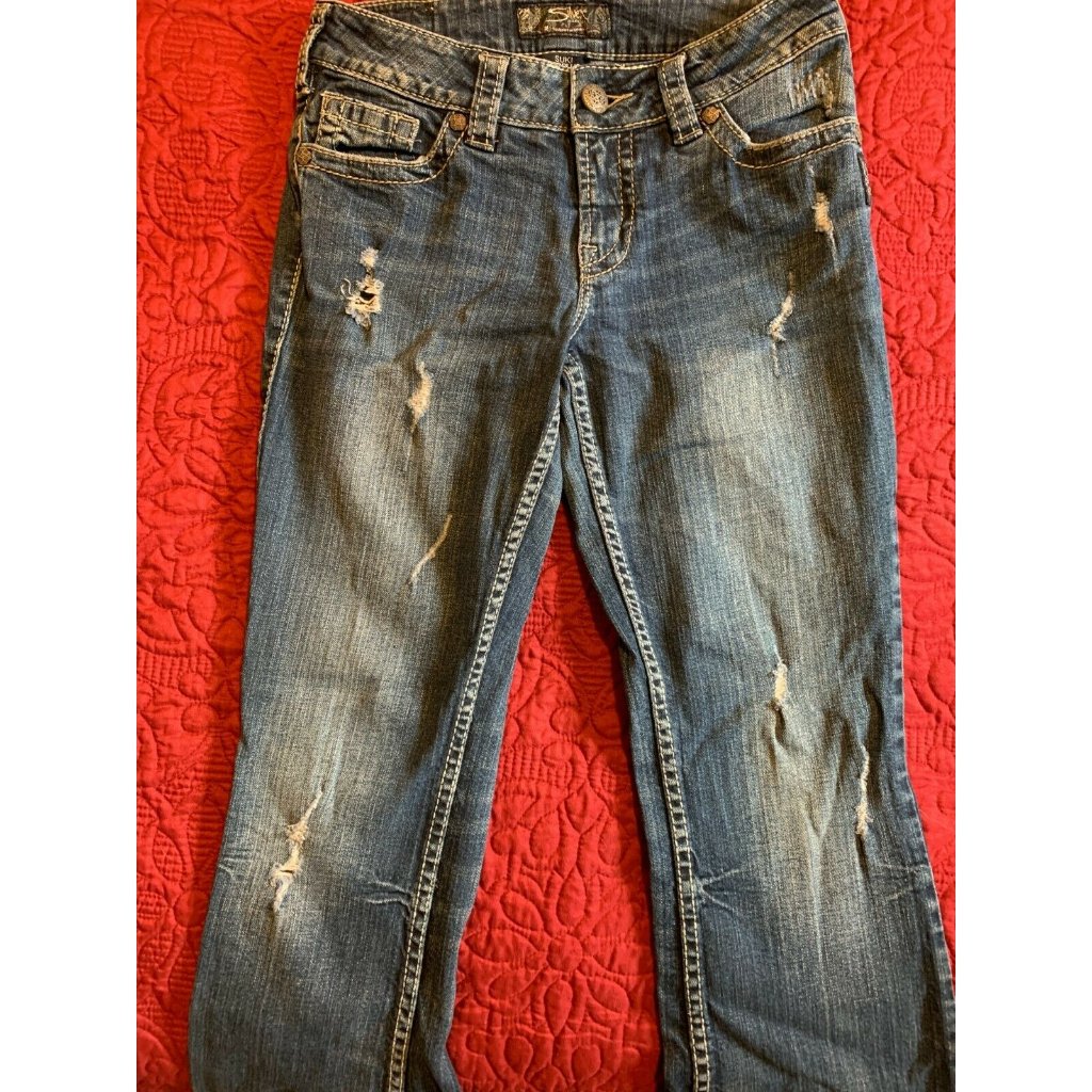 Silver Suki Surplus Stretch Denim Distressed Flare Jeans 28x32 Sequined Pockets